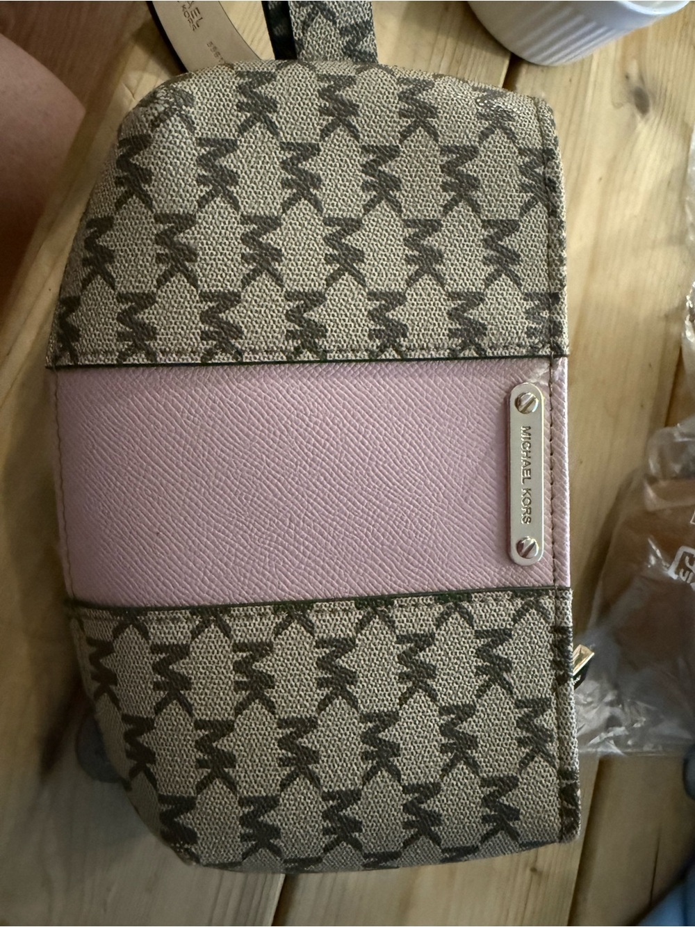 Michael Kors Beige Logo and Pink Panel Crossbody Bag